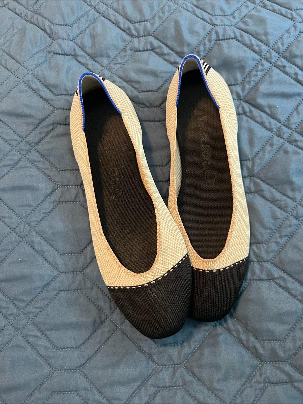 Rothy's Two-Tone Knit Ballet Flats - Black and Cream with Blue Trim